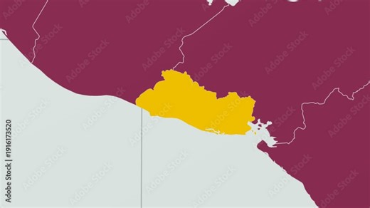 El Salvador map. Animated zoom into the country on the Globe in Pale Mint Dark Pink color palette. Country logo animation with round text and airplanes. Map with meridians, parallels. Modern video.