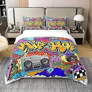 jejeloiu Hip Hop Decor Duvet Cover 100% Cotton Twin Size Hippie Graffiti Style Bedding Cotton Duvet Cover Set for Bedroom Graffiti Graphic Street Culture Grunge Art Bedding Set