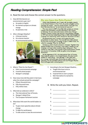 Simple past Reading comprehension and pronunciation worksheet