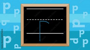 Animation of how to write the lower case alphabet letter 'p' with animated cartoon flying letters background. Also with Green Screen option.