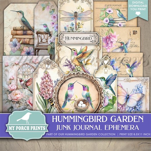 Hummingbird Garden EPHEMERA, Junk Journal, Kit, Pastel, Rainbow, Colorful, Birds, Spring, Magic, My Porch Prints Printable Digital Download - Etsy