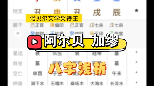 【作家八字】法国作家，诺贝尔文学奖的主，阿尔贝-加缪八字浅析