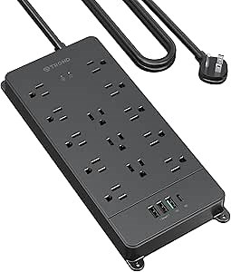 TROND Surge Protector Power Strip, 5ft Heavy Duty Extension Cord with 32W USB C & QC 3.0 Charger, 4000 Joules, ETL Listed, 13 Wide Spaced Outlets, Flat Plug, Wall Mount for Home Office Supplies, Black