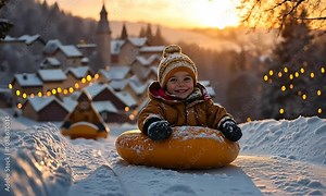 Smiling child sledding down a snowy hill during a golden winter sunset in a festive village setting