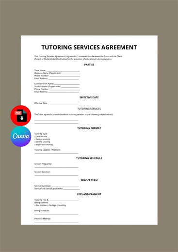 Tutoring Services Agreement | Educational Service Contract US | Editable PDF Template - Etsy