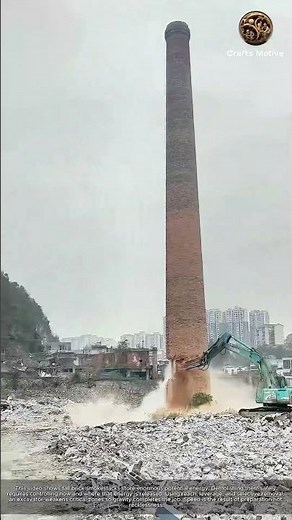 Excavator Takes Down Giant Smokestack in Seconds: Massive Brick Chimney Demolished by Excavator