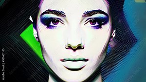 Woman's face is emerging from a background of colorful geometric shapes, creating a striking contrast between human features and abstract design