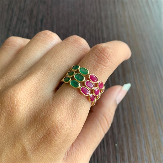 Natural Ruby Emerald Ring, Solid 18K Gold Ruby Ring, Stackable Wedding Bands, Bezel Set Emerald Stacking Ring, Promise Band Gifts for Her - Etsy UK