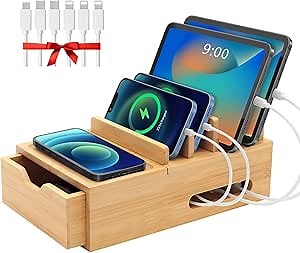 Bamboo Charging Station for Multiple Devices, Desk Charging Organizer with Drawer & Tray, Wood Docking Station Included 6 Cables, Compatible with iPhone Devices, Cell Phone, Tablet (No USB Charger)