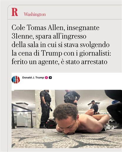 Si chiama Cole Tomas Allen l'uomo identificato come l'attentatore al gala dei corrispondenti della Casa Bianca. Trentun’anni, viene da Torrence, in California. Secondo i media americani sarebbe un insegnante part-time, ingegnere meccanico laureato alla CalTech, il California Institute of Technology. Nella sparatoria, avvenuta sempre fuori dalla sala in cui era in corso la cena, un agente delle forze dell'ordine è stato colpito, indossava il giubbotto antiproiettile ma è stato portato in ospedale