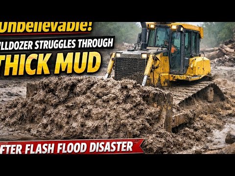 Unbelievable! Bulldozer Struggles Through Thick Mud After Flash Flood Disaster