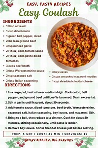 🍲 Easy Goulash Recipe The ultimate one-pan comfort food! This hearty ground beef goulash with macaroni is ready in just 35 minutes and feeds a crowd. Prep: 5 min | Cook: 30 min | Total: 35 min | Servings: 10 Nutrition info (per serving): 388 Calories | 22g Protein | 20g Carbs | 24g Fat #Goulash #ComfortFood #OnePanMeal #EasyDinner #FamilyMeal #GroundBeef | Tiny Kitchen, Big Flavors