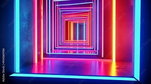Bright, colorful neon lights create a mesmerizing tunnel effect in an art installation at night in a modern gallery