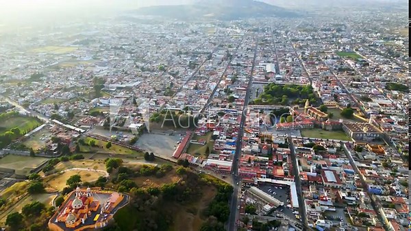 Aerial drone view of the Great Pyramid and Church of Our Lady of Remedies in Cholula, Mexico