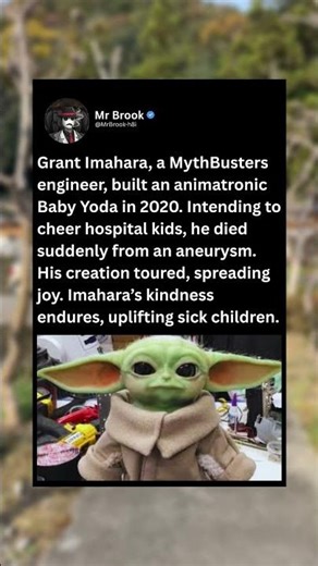 Grant Imahara, a MythBusters engineer, built an animatronic Baby Yoda in 2020