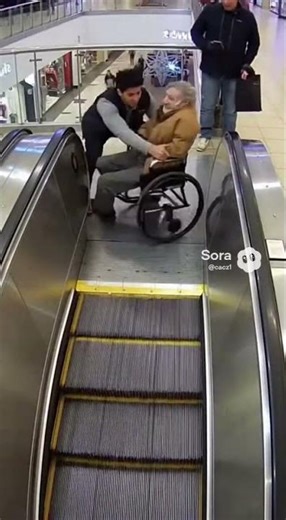 Wheelchair Loses Control on Escalator as Helper Slips for One Second