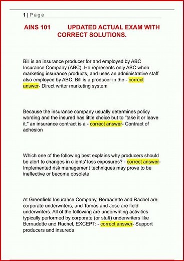 Ains 101 Principles Of Insurance Updated Actual Exam With Co video