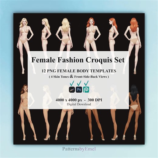 12 Female Fashion Croquis Set, Digital Body Templates for Fashion Illustration, Realistic Model Base, Front Side Back View, Procreate & PSD - Etsy UK