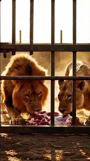 “Two lions eat meat inside a cage, captured with a clear, close-up cinematic shot.”