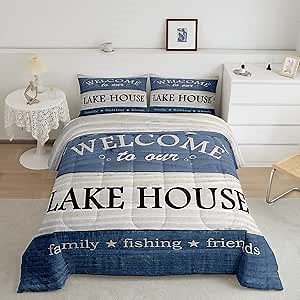Castle Fairy Lake House Comforter Set King Size,Cabin Lodge Rustic Farmhouse Style Bedding Set All Season Quilt Set,Country Blue Wooden Stripes Microfiber Polyester Down Comforter