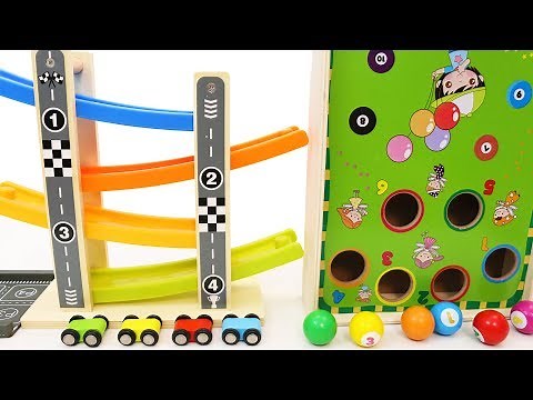 Wooden Billiard Table, Zig Zag Car Slide Toy with 4 Wooden Cars