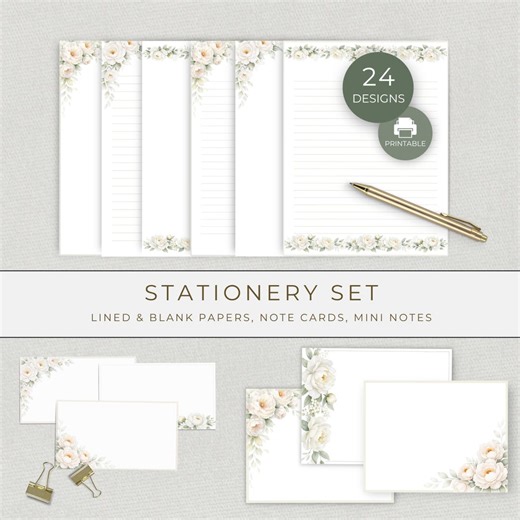 White Peony Stationery Bundle, Printable Writing Paper, Note Cards and Mini Cards, Wedding and Shower Gifting Set - Etsy