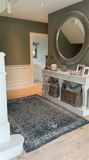 ARLENE on Instagram: "Hall questions that came in recently answered ❤️ Rug is ‘Maude’ from @kukoonrugs - my discount code is Arlene10 Paint colour is @fleetwood_paints Monet Dark from their Vogue collection Baskets @paulcostelloeofficial Console @_doylesdesigns Mirror @designstories.ie Flooring is from @canadiaflooring Anything else you want to know just pop in the comments below 🙏 Also hi to all my new interior lovers that have recently followed ❤️👋 #homeinteriors #irishcountrysidehome #inter