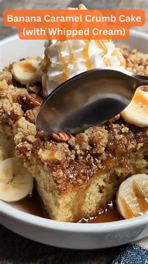 Banana Caramel Crumb Cake (with Whipped Cream) | Sophia’s Easy Recipes