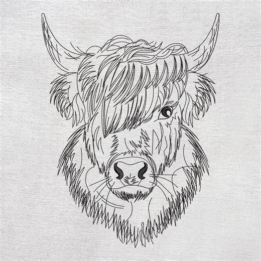 Scottish Highland Cow Embroidery Design, Line Art Embroidery Design, Minimalist Machine Embroidery Design - Etsy