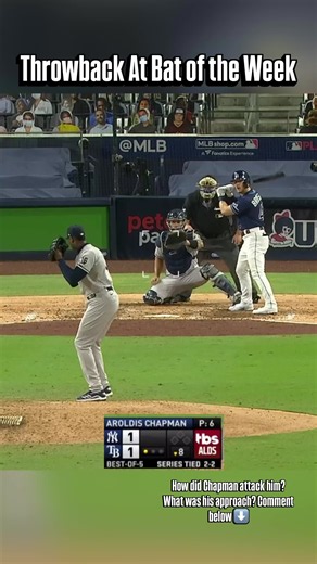 #ThrowbackThursday At Bat of the Week - Mike Brosseau 10 Pitch Go-Ahead Home Run of Chapman in the ALCS🤯 How did the pitcher attack him? What was his approach/adjustments? Comment below ⬇️ A lot of players and young kids only see the highlights and don’t see what happens in a whole at bat! Every week we’ll be posting full at bats from the hitting and pitching side! #baseball #rays #mlb #hitting