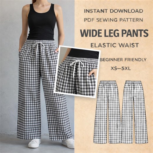 Wide Leg Pants Sewing Pattern for Women | Easy Palazzo Trousers Pattern | Elastic Waist Lounge Pants | Printable Beginner Pattern - Etsy