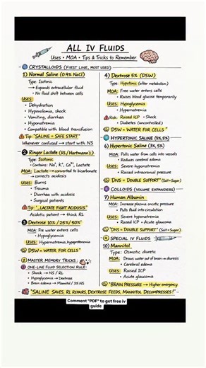 Medscope360 on Instagram: "Comment pdf to get Free iv fluids guidance Uses • MOA • Memory Tricks | OPD + IPD Ready Notes IV fluids are the backbone of emergency medicine, OPD decision-making, and inpatient management. Wrong fluid = wrong outcome. This handwritten 4:5 exam-oriented chart covers ALL COMMONLY USED IV FLUIDS with: ✔️ Clear Mechanism of Action (MOA) ✔️ Clinical uses in OPD, IPD, ICU & emergencies ✔️ Avoid & caution points (high-yield for exams) ✔️ Smart memory tricks & mnemonics for 