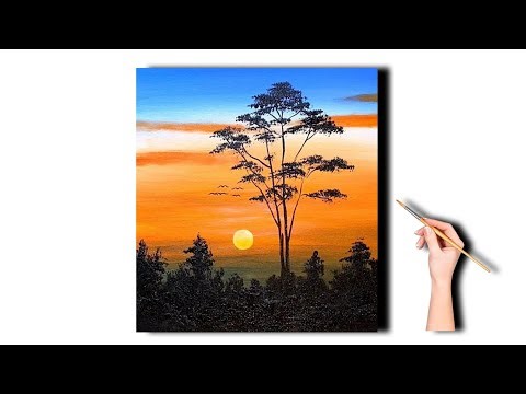 Easy Sunset Tree Painting 🎨 | Beautiful Nature Art for Beginners