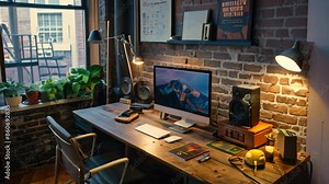 A desk displaying a computer on top of it, set up for work or study, Cozy workspaces with personalized touches Stock Video