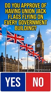 Do you approve of Union Jack flags flying proudly on EVERY government building across the UK? Since 2021, UK government guidance encourages flying the Union Flag every single day on all official buildings as a symbol of national unity and pride! What’s your vote – YES or NO? Let’s show some British spirit! 🔥 #unionjack #BritishPride #flytheflag #UKGovernmentBuildings #unionjackflags #patriotism #greatbritain #rulebritannia | 𝐒𝐭𝐫𝐢𝐩𝐞 𝐄𝐚𝐠𝐥𝐞