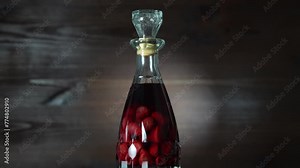 Glass bottle of homemade red raspberry liqueur on a wooden background, rotates, close up. Berry alcoholic drinks concept