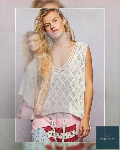 POL V-Neck Crochet Tank with Diamond Weave Knit Patterns