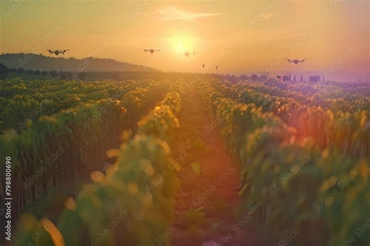 Four drones are flying over a lush green field at sunset. The drones are all flying at different heights and are in different positions in the sky. The sun is setting behind the drones and is casting Stock Video