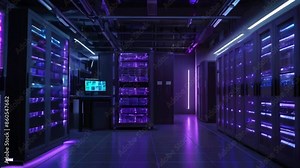 A dark room with purple and blue lighting. Rows of tall black server racks with blinking lights fill the room. Stock Video
