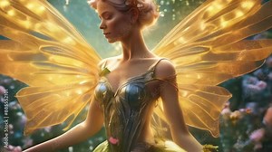 A mystical fairy with luminous wings in a serene, magical forest setting, surrounded by flowers and natural beauty.