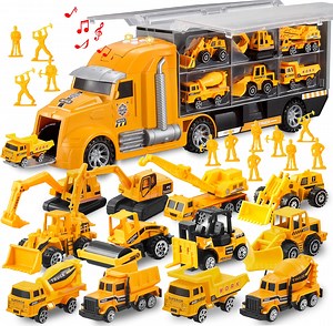 Joyfy 25 in 1 Die-cast Construction Big Truck Toys,Car Transporter Storage Truck with Sounds and Lights, Great Christmas Birthday Gifts for Toddlers Kids Boys & Girls