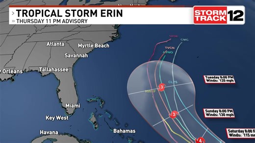 Here's the latest forecasted track of Erin. Stay updated by clicking on http://wcti12.com/weather/maps and looking in the HURRICANE SEASON 2025 section. #ecarwx | WCTI StormTrack 12
