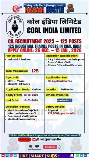 Coal India Industrial Trainee Recruitment 2025 – Apply Online 125 Posts #shorts #CoalIndia #psujobs