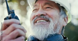 Mature, man and happy with radio on construction with foreman for instructions, problem solving and technical support. Person, wireless transmission and yes outdoor for residential land development.