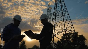 Teamwork. Two engineers at sunset use teamwork software. Engineers design a process in the energy sector. Modern technologies in the energy and telecommunications industry. Power engineers