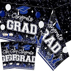 Haimimall 3Pcs Blue Graduation Tablecloths Class of 2025 Party Decorations Disposable Plastic Tablecloths Congrats Grad Table Cover for Senior High School and College Graduation Party Supplies