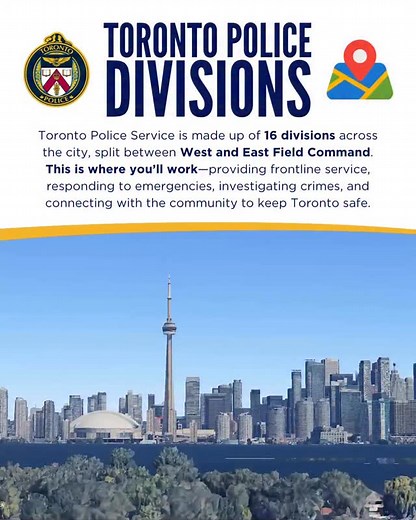 The Toronto Police Service is organized into 16 operational divisions across the city, grouped under East and West Field Command. Each division is dedicated to serving and protecting its community—responding to calls for service, conducting investigations, and building strong partnerships to enhance public safety. Together, these divisions form the foundation of policing in Toronto. Interested in a career that makes a difference in your community? Join the team! Click the link in our bio to Conn