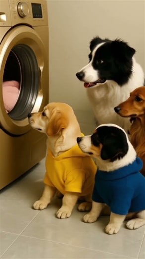 They are all attracted to the washing machine ! #dog #puppy #cute