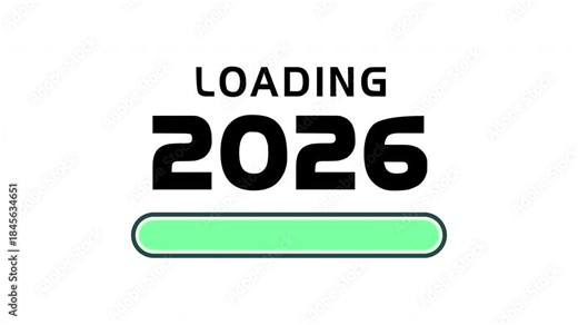 Loading 2026 New Year transition with green progress bar, animated countdown concept on minimalist white background for year change celebration and New Year's Eve