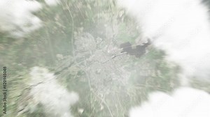 Earth zoom in from space to Gavle, Sweden. Followed by zoom out through clouds and atmosphere into space. Satellite view. Travel intro. Images from NASA